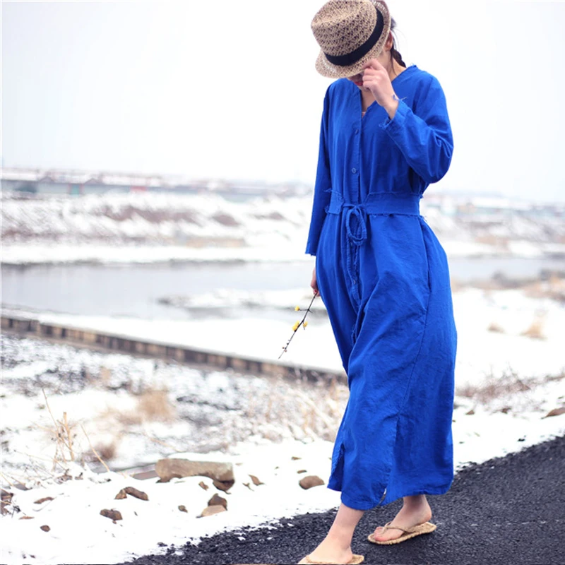 2017 Женщины Синий Dress Хлопок Белье Кнопку Весна Повседневная Винтаж Свободные