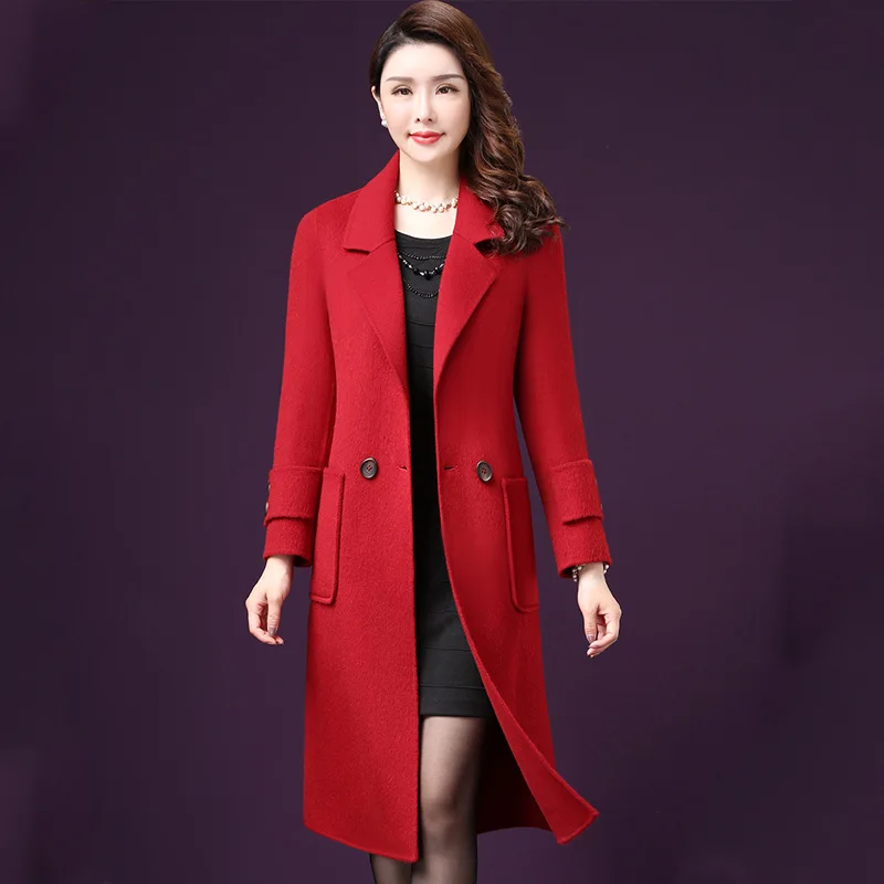 2018 Solide rouge Femmes Colour Poches À Laine Turn Boutonnage Office Lady Double vert Long down Mince Veste camel Manteau Col D'hiver Cachemire Caramel UpzqGSMV