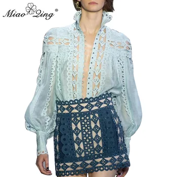

MIAOQING sexy beaded patchwork women's shirt stand collar lantern sleeve hollow shirt women's fashion summer 2019 new