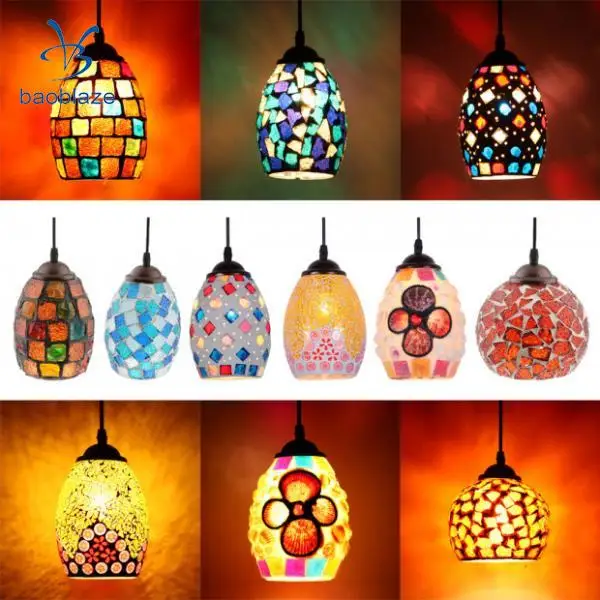 Vintage Retro Mosaic Style Multicolour Pendant Light Bulb Cage Ceiling Hanging Lampshade Home Bar Cafe Restaurant Decoration