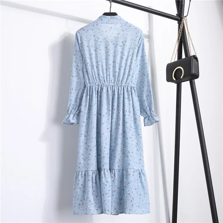 24 Types Floral Print Dresses Women Autumn Chiffon Dress Casual Bowknot O-Neck Long Sleeve Vestidos Mujer Retro Robe Femme Dress (46)