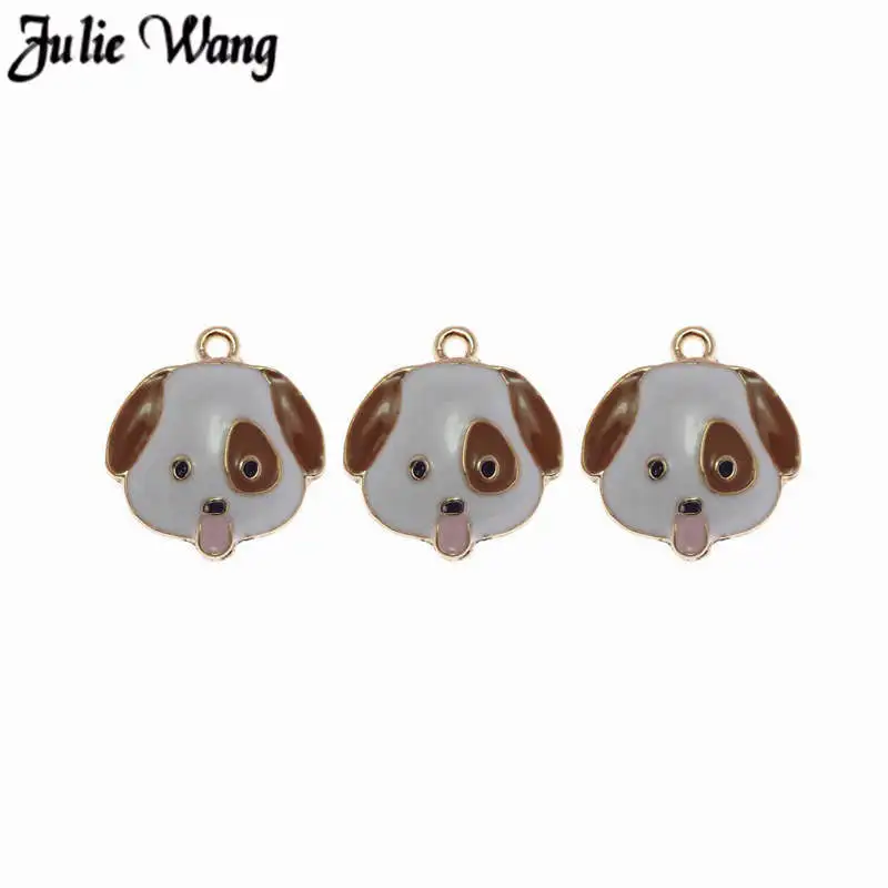 Julie Wang 5-15pcs Zinc Alloy Enamel Dog Head Charms Puppy Pet Bracelet Pendants Jewelry Craft DIY Keychain Women Bag Decor