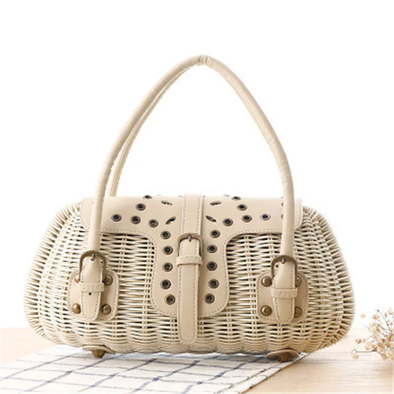  Patch Mini Bag Straw Bags New Personality Brass Canes Rattan Straw Bags Japanese Rivets Handkerchie