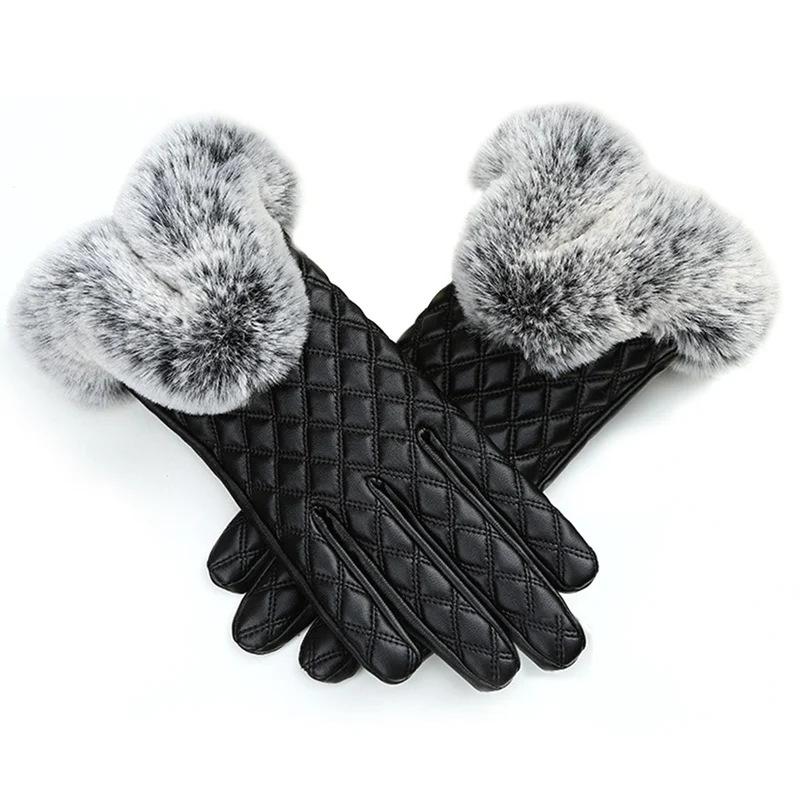 

Fashion Women Warm Thick Winter Gloves Leather Elegant Girls Brand Mittens Free Size With Rabbit Fur Female Gloves