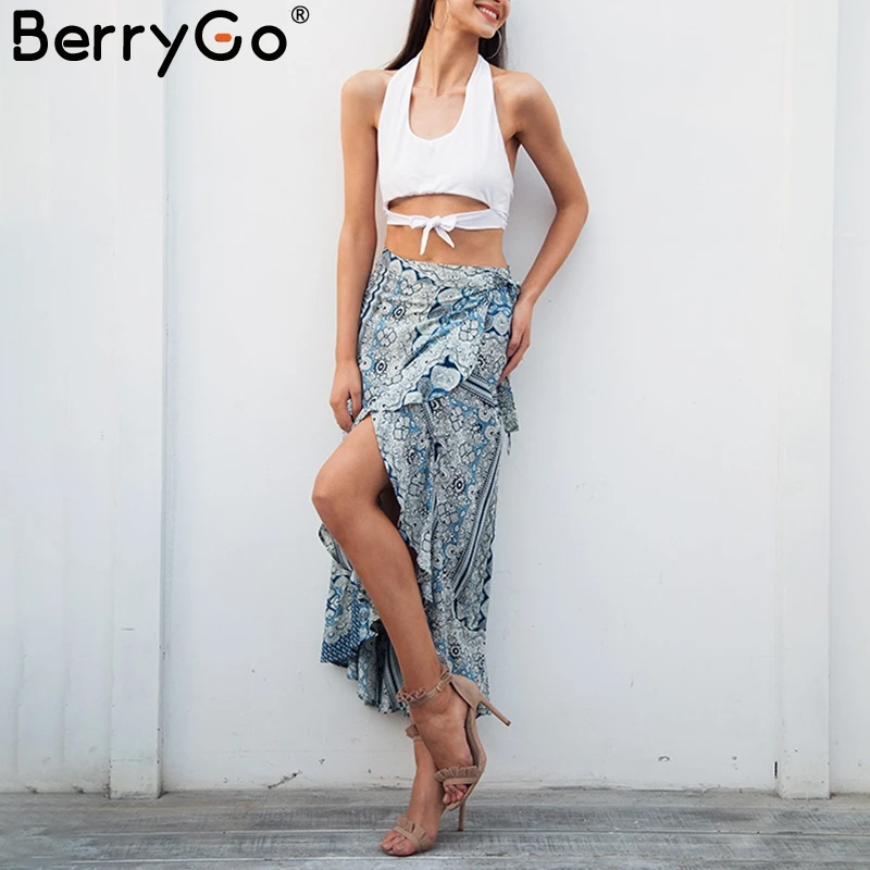 BerryGo связать Бохо длинная юбка с принтом Асимметричные оборки запахом женские