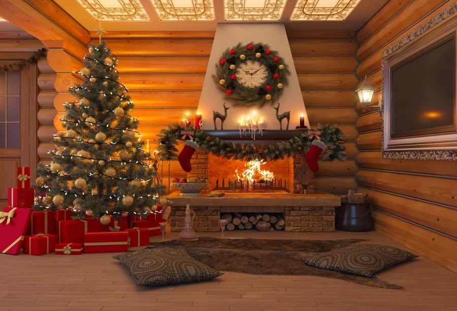 

Laeacco Christmas Backdrops Tree Brick Fireplace Wreath Sock Carpet Wooden House Interior Photographic Backgrounds Photo Studio