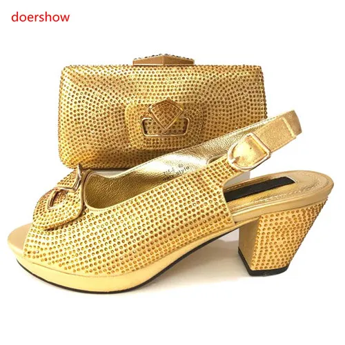 doershow hot selling gold shoes and bag set wholesale 2018 for wedding shoes and matching purse ...