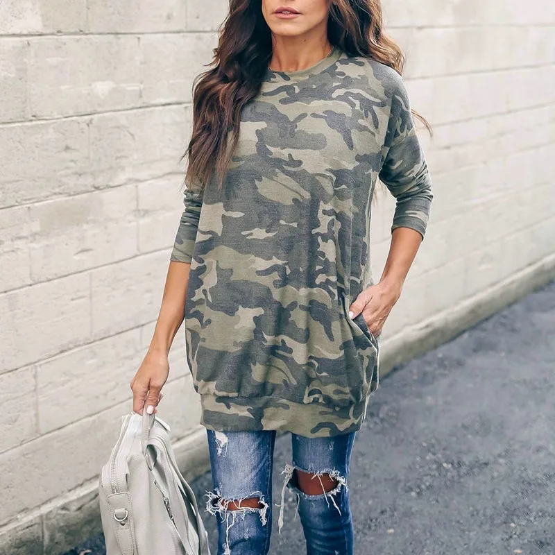 

Camouflage Print Long Sleeve Shirt Women Trendy Clothes O Neck Tshirt Long Tees Military Tops Casual Loose Fashion Streetwear
