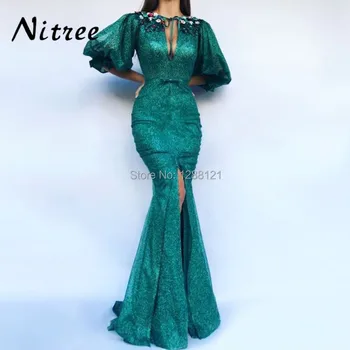 

African Green Sequins Mermaid Evening Dresses Robe de soiree Dubai Turkish Arabic Aibye Prom Dress Abendkleider Glitter Gowns
