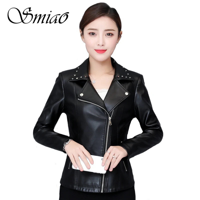 2019 Spring Faux Leather Jacket Women Rivet Biker Zippers