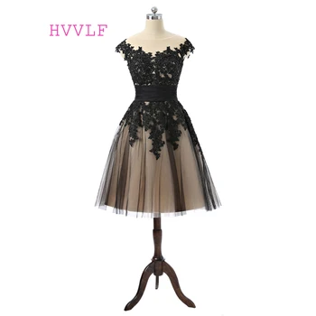 

Black 2019 Prom Dresses A-line Cap Sleeve See Through Tulle Lace Beaded Knee Length Prom Gown Evening Dresses Robe De Soiree