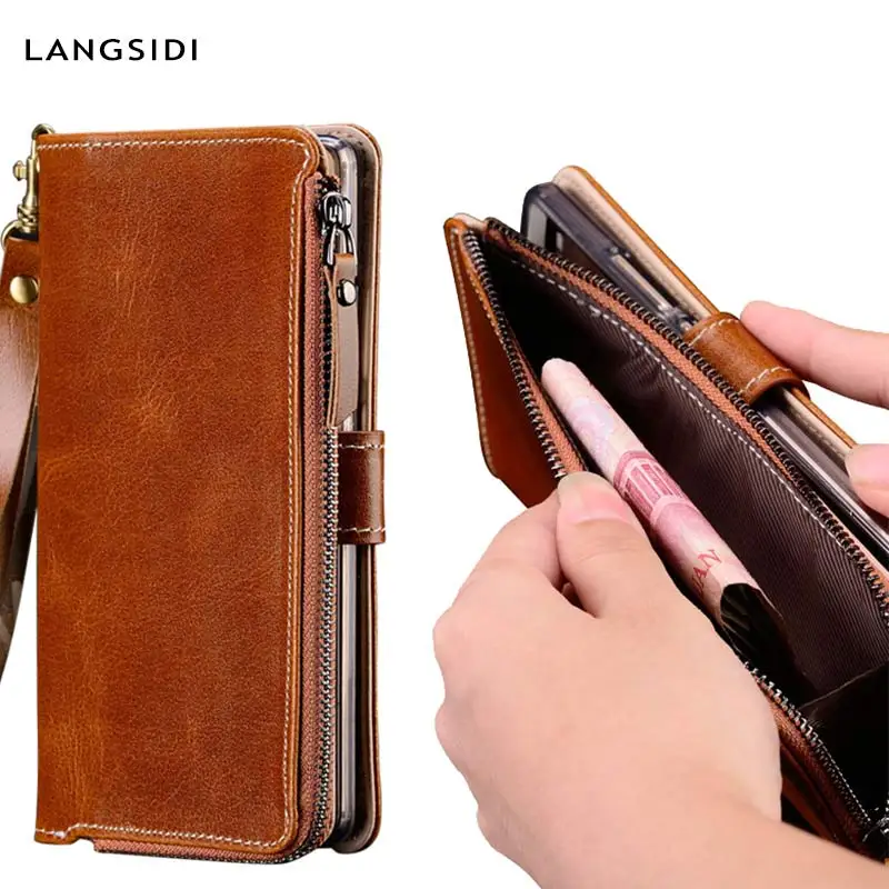 

LANGSIDI Multi-functional Zipper Genuine Leather Case For Xiaomi Redmi 5 Plus Stand Holder Silicone Protect Wallet Phone Bags