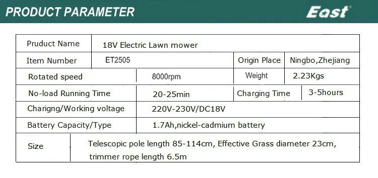 Восточный садовых электроинструментов беспроводные газонокосилки 18V Ni-cd акумулярорных батарей ручная газонокосилка, работающая на обрезные кусачки фабричная ET2505