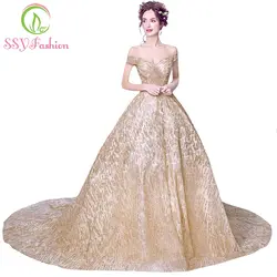 Ssyfashion новый роскошный золотой вечернее платье невесты банкет элегантный длинный хвост Милая Пром вечерние платья Robe De Soiree