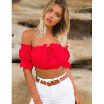 

Summer Women Blouse Crop Tops Sexy New Fashion Sexy Off Shoulder Fold Style Lace Up Women Blouse Shirt Solid Blusas Tops