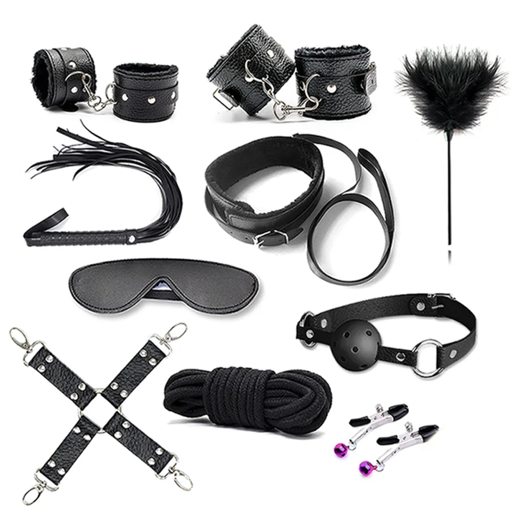 Order Price for  10 Pcs/ Set Sex Lingerie Erotic BDSM Sex Kits Bondage Butt Anal Rope Hand Cuffs Whip Blindfold Dild