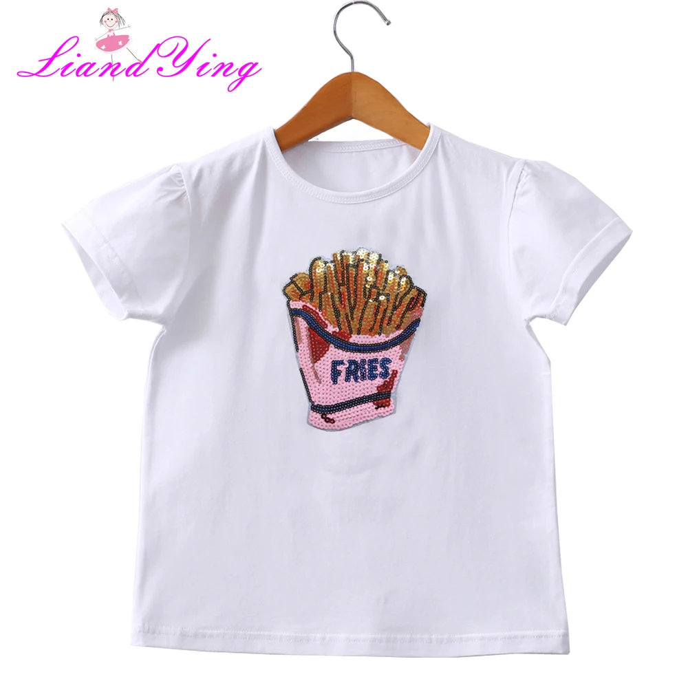 

2018 Brand New Toddler Infant Child Kid Casual Sequins French Fries Printed Top Baby Girl T-shirt Cotton Clothes 2-12Y