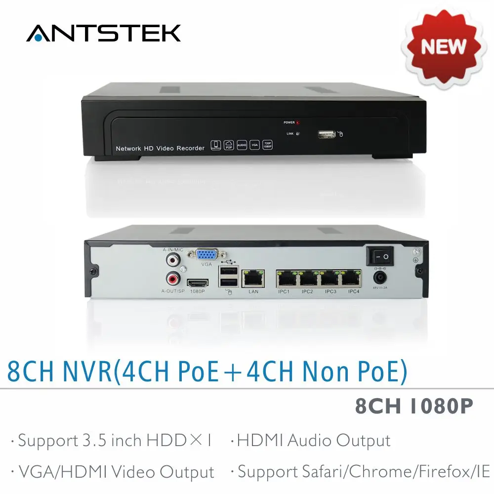 Antstek 8ch 1080 P NVR с 4 шт. независимых IEEE802.3af POE Порты поддержка 1x6 ТБ SATA HDD aeeye смартфон/pc