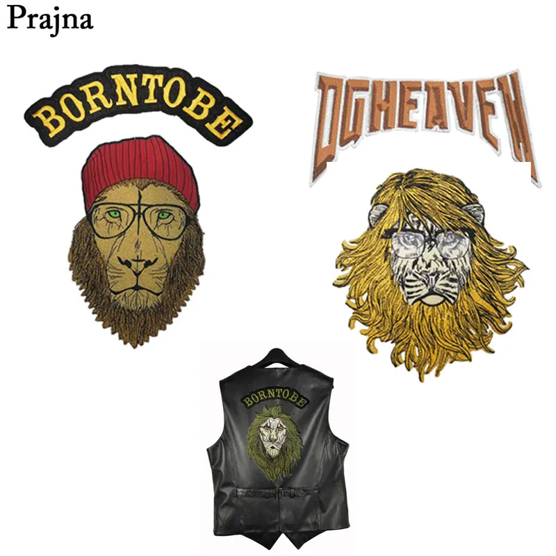

Prajna Biker Patch Lion Born To Be Embroidered Patches Punk Iron-on Patches Big Size Badges For Jacket DIY Clothing Sticker Rock