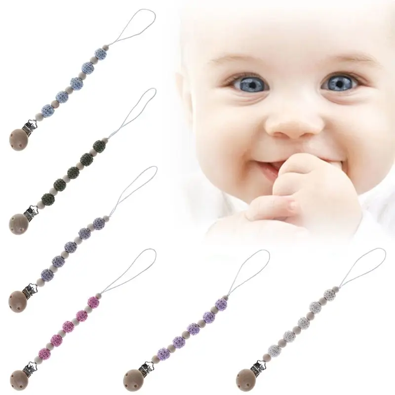 

Baby Pacifier Chain Nipple Teether Holder Bracelet Crochet Woolen Beads Wood Clips Pendant Strap Support Anti-fall Newborn #415