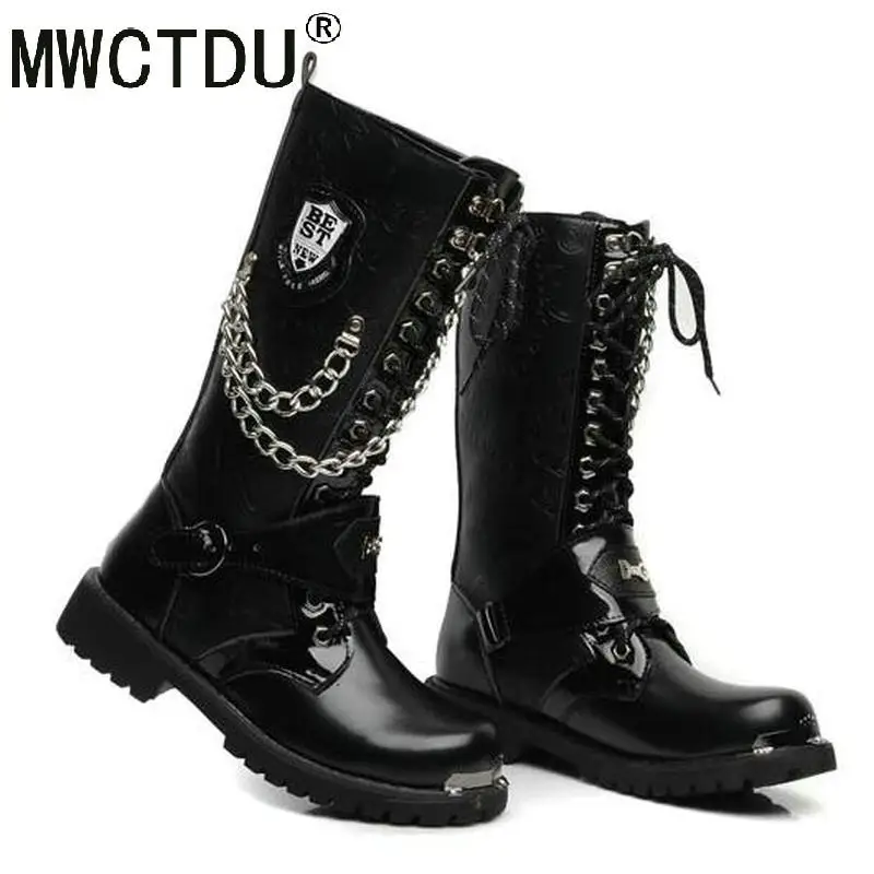 MWCTDU Army Boots Men High Military Combat Men Boots Mid Calf Metal Chain Male Motorcycle Punk Boots Spring Men's Shoes Rock