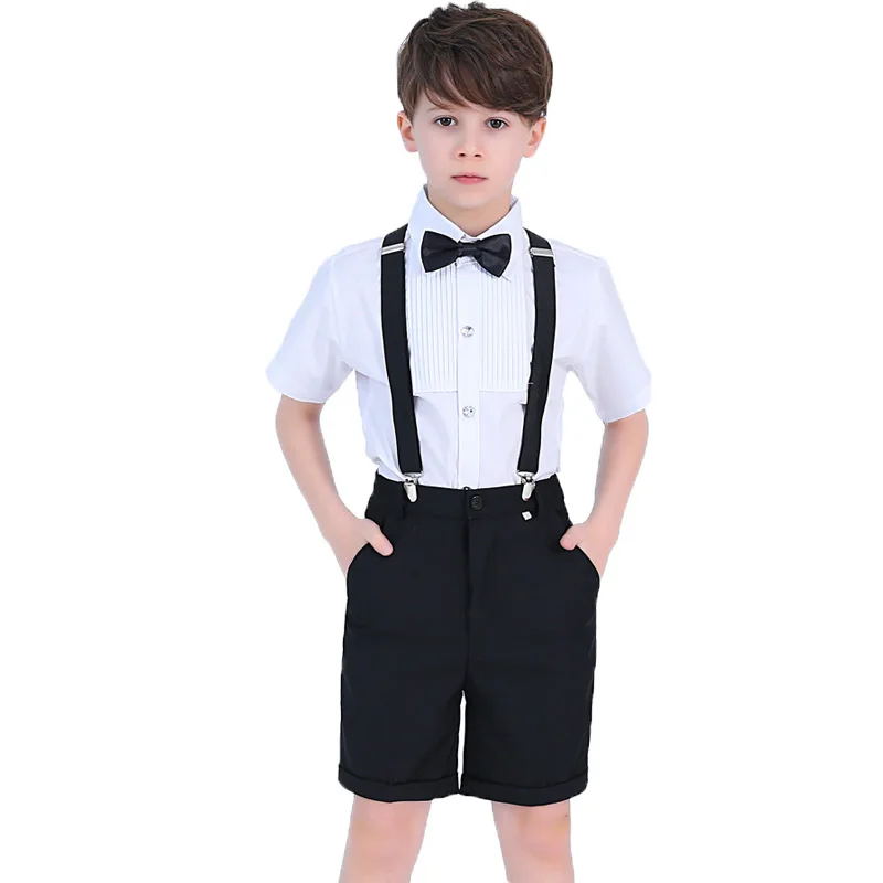 Свадебный костюм для мальчиков, детское Формальное школьное студенческое платье, джентльменская рубашка на лямках, штаны с бантом, 4 предмета, костюмы для церемонии - Цвет: Black  B 4Pcs