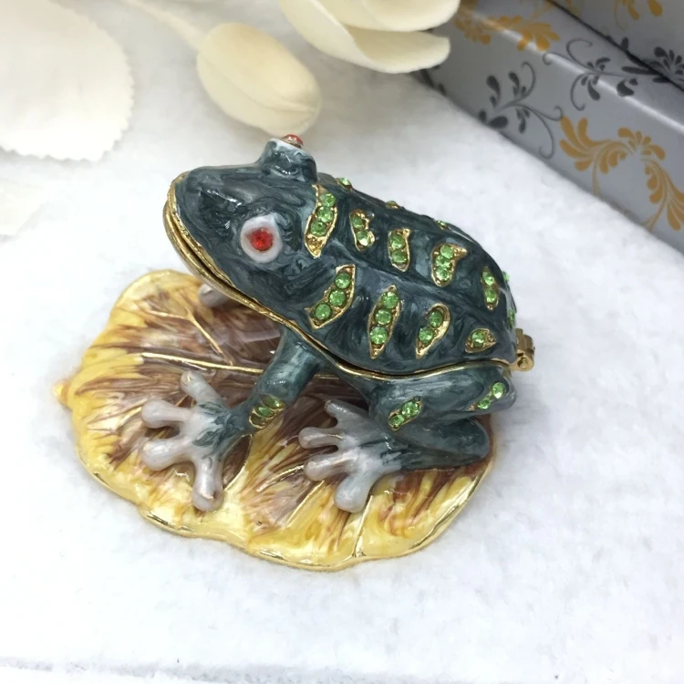 

Hot Sale Dark Green Frog With Leaf Trinket Box Crystal Animal Figurine Souvenir Home Decoration Christmas Gift Metal Craft