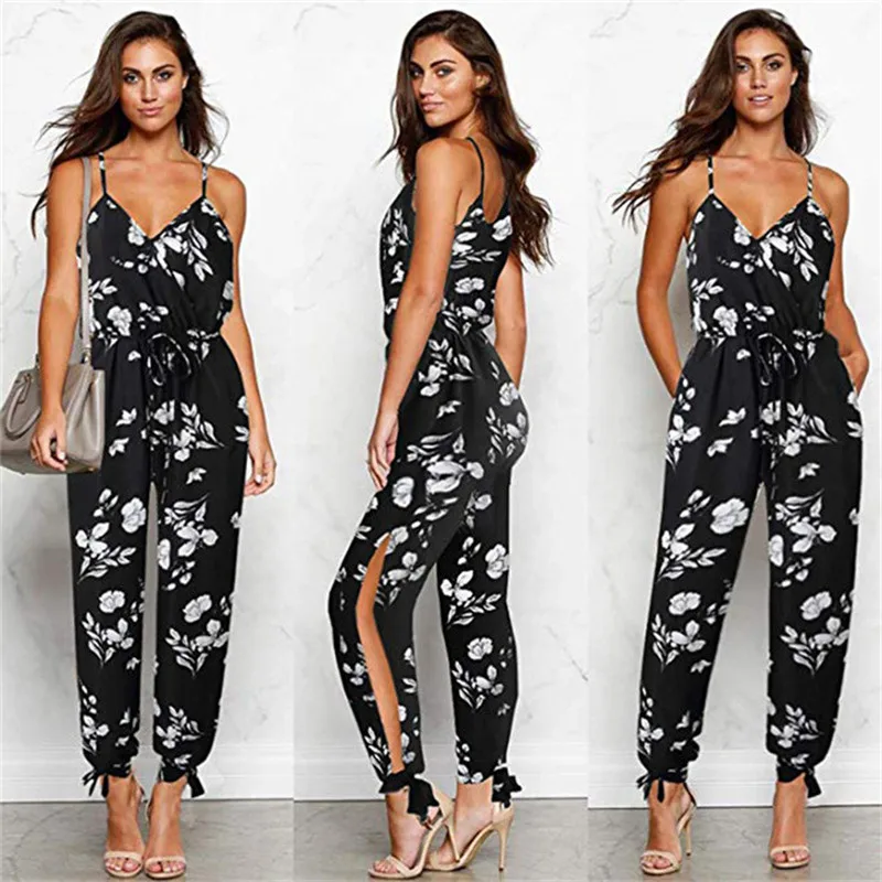 

Sexy Deep V-Neck Strap Backless Drawstring Rompers Women Print Pocket Lace Up Long Pants 2019 New Summer 3XL Plus Size Jumpsuits
