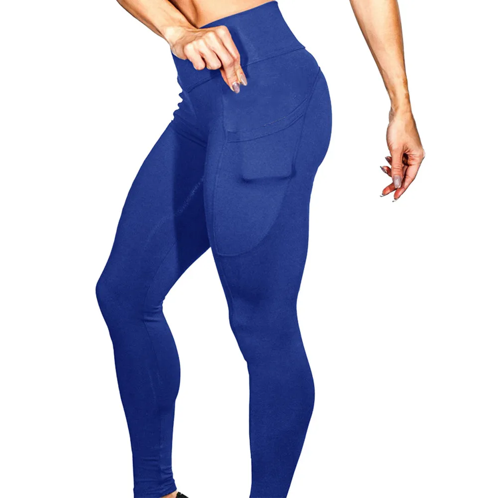 Женские повседневные спортивные штаны с карманами для занятий фитнесом, фитнесом, бегом, йогой, высокой талией, обтягивающие эластичные колготки, тренировочные штаны, леггинсы - Цвет: Синий