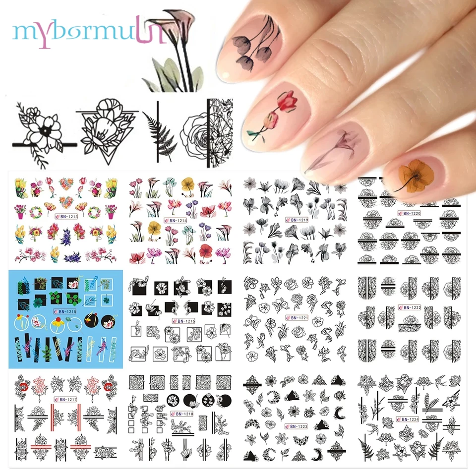 

12 Type Nail Art Sticker Ink Flower Leaf Design Water Tranfer Nail Sticker Beauty Charms for Nail Accessories BN1213-1224 2019