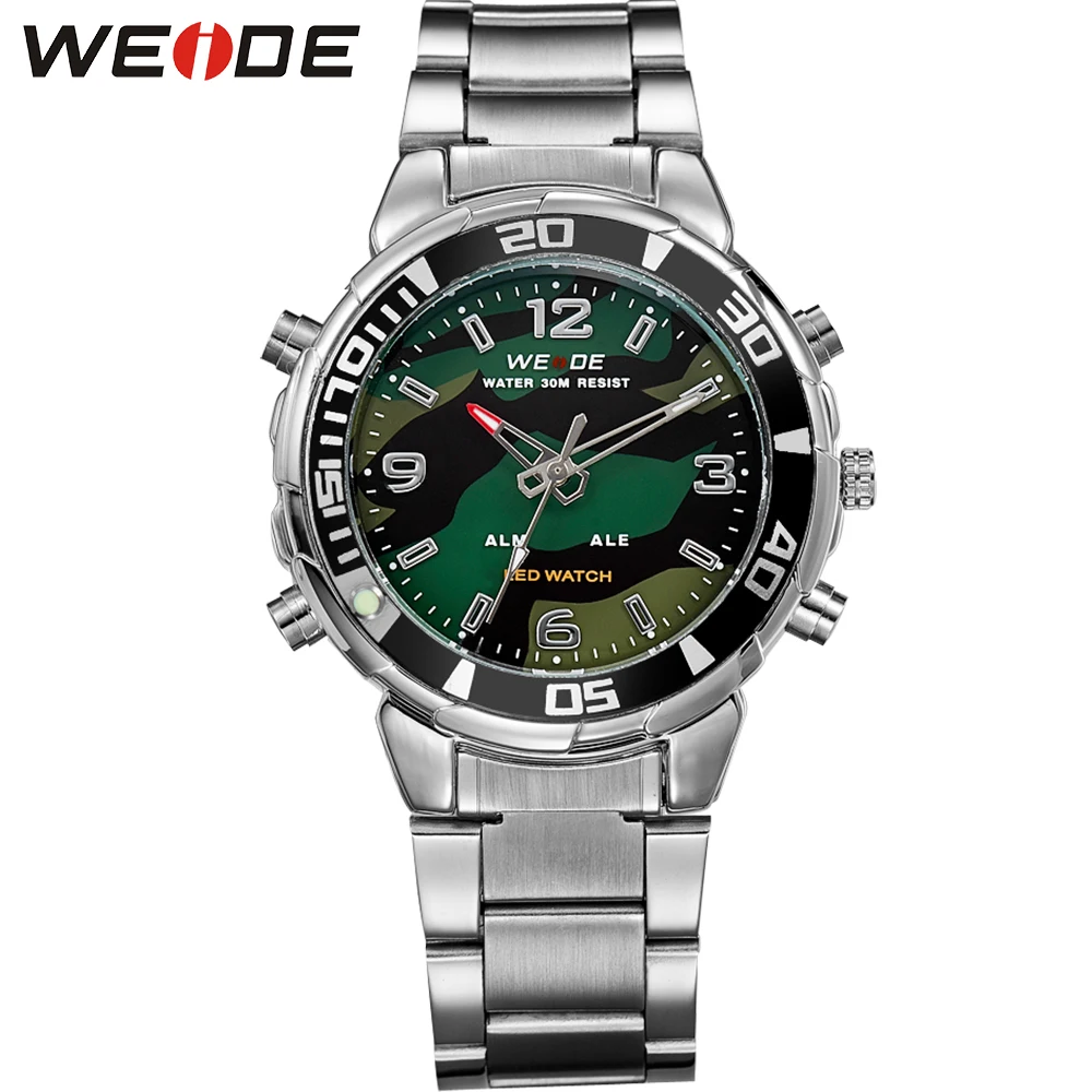 

WEIDE Mens Sports Army Stopwatch Steel Strap Quartz Military LED Alarm Luminous Analog Digital Wristwatches relogios masculino