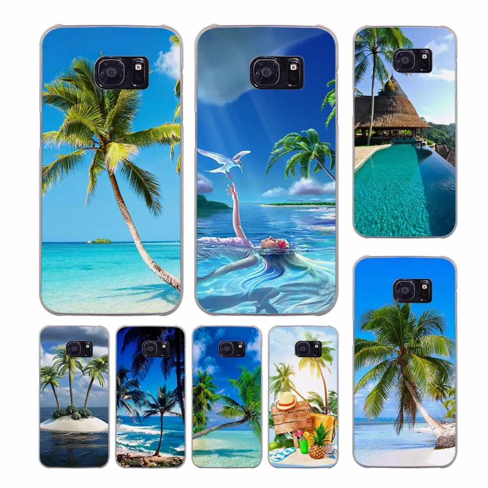 summer Beach Scene at Sunset on sea Palm Tree design transparent clear hard case for Samsung