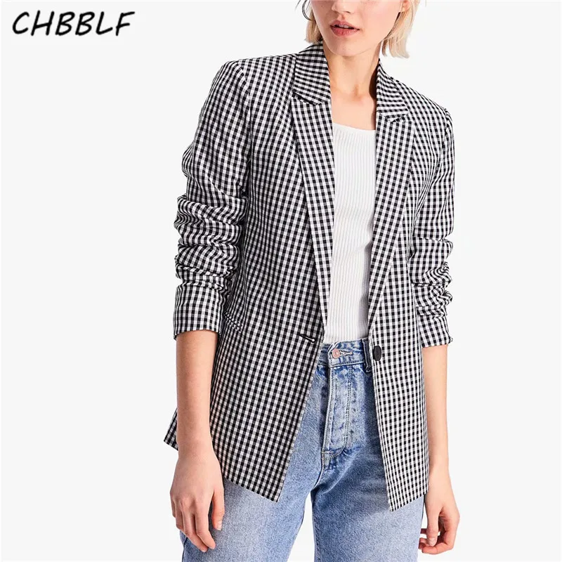 CHBBLF women vintage plaid blazer pockets single button