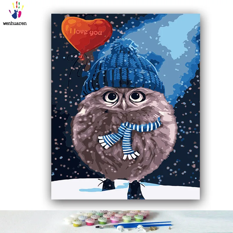 

DIY Coloring paint by numbers Cartoon owl wearing a hat pictures Abstract figure paintings by numbers with kits 40x50 framed