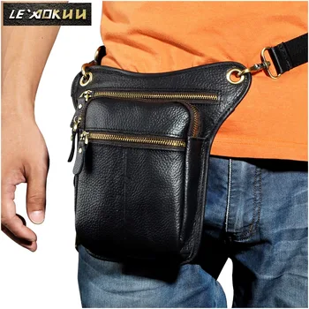 

New Quality Leather Design men Black Small Messenger Shoulder Bag Fashion Travel Belt Waist Pack Drop Leg Bag Pouch 211-2-b