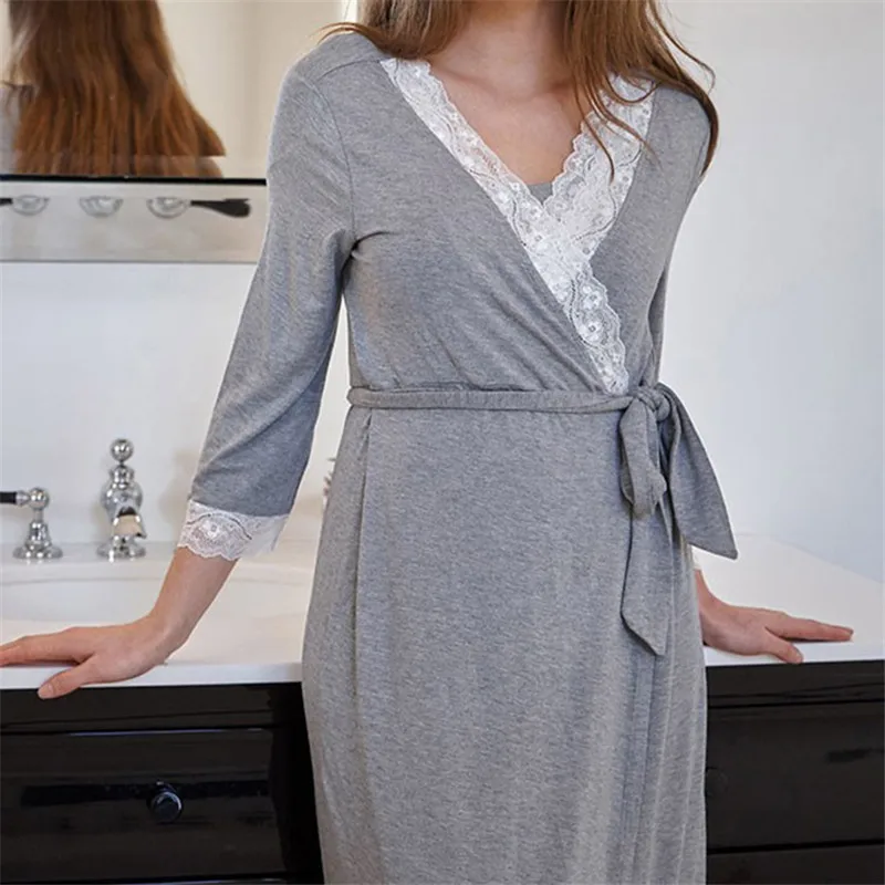  Fashion Lace Patchwork Maternity Set Pajamas and Robe Three quarter Sleeves Dresses with Belt Pregnant Women's Nursing Clothes