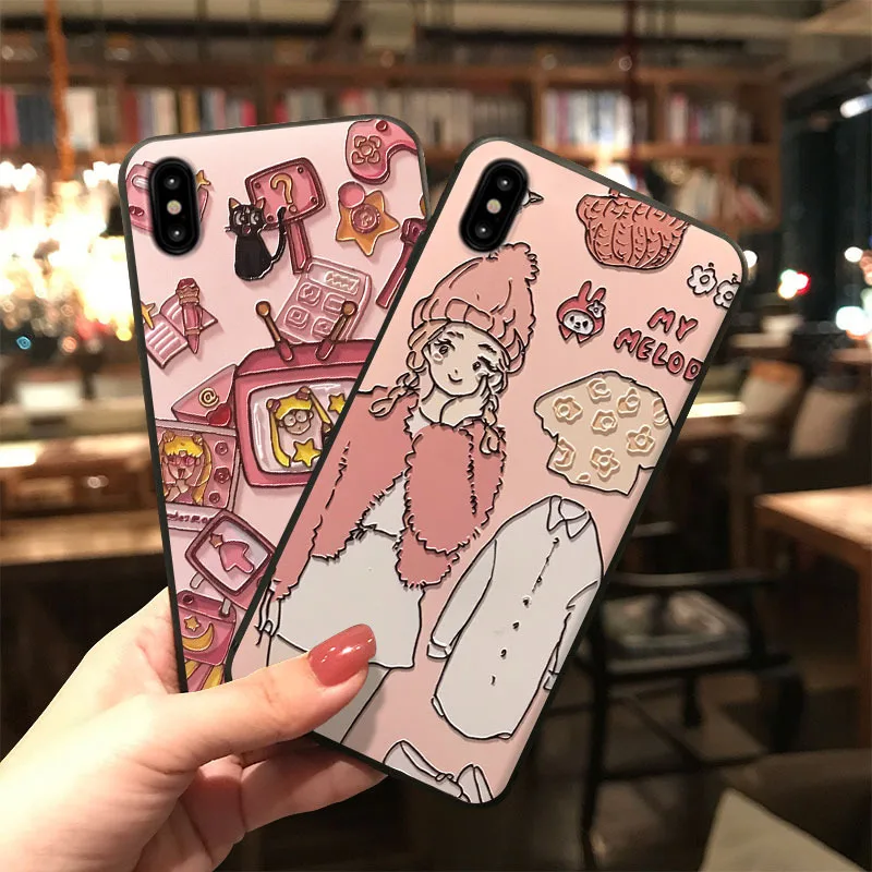 

Cute Pink Girl Embossed Phone Case for iPhone XS MAX XR Capa Soft Silicone TPU Back Cover for iPhone X 8 7 6S 6 Plus Case Coque