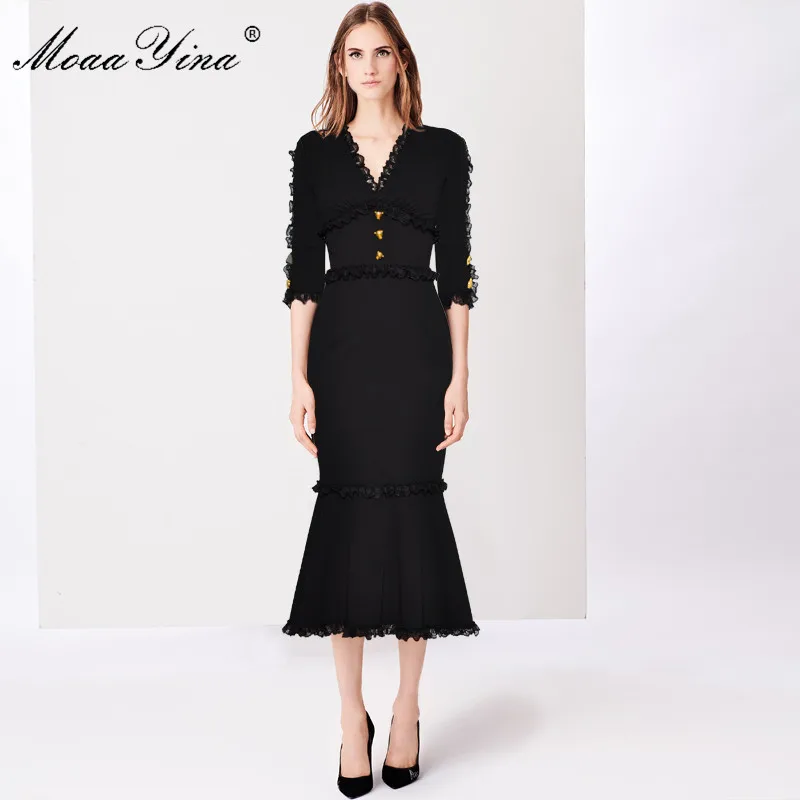 MoaaYina, модное дизайнерское подиумное платье, летнее, женское, v-образный вырез, рукав до локтя, кружевная пуговица, тонкое, бедро, благородное, элегантное, рыбий хвост, платье - Цвет: Черный