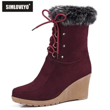 Женские высокие сапоги до середины колена теплая модная весенне-зимняя обувь на высоком клиновидном каблуке сапоги-гетры на кроличьем меху зимние сапоги на платформе со шнуровкой
