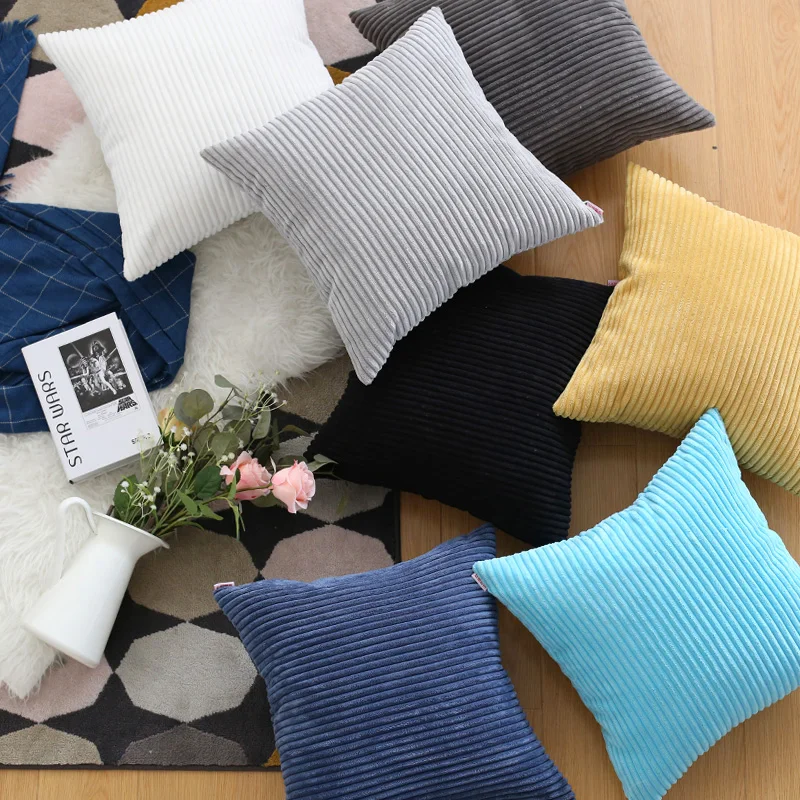 

Soft Velvet Cushion Cover Solid Pillow Case Corduroy Flocking Stripe Yellow Gray PinHome Decorative Pillow Cover 45x45cm/60x60cm