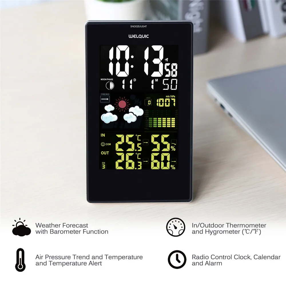 Wireless Color Weather Station EU US UK Plug Weather Forecaster In Outdoor Temperature Humidity Alarm Snooze Function04