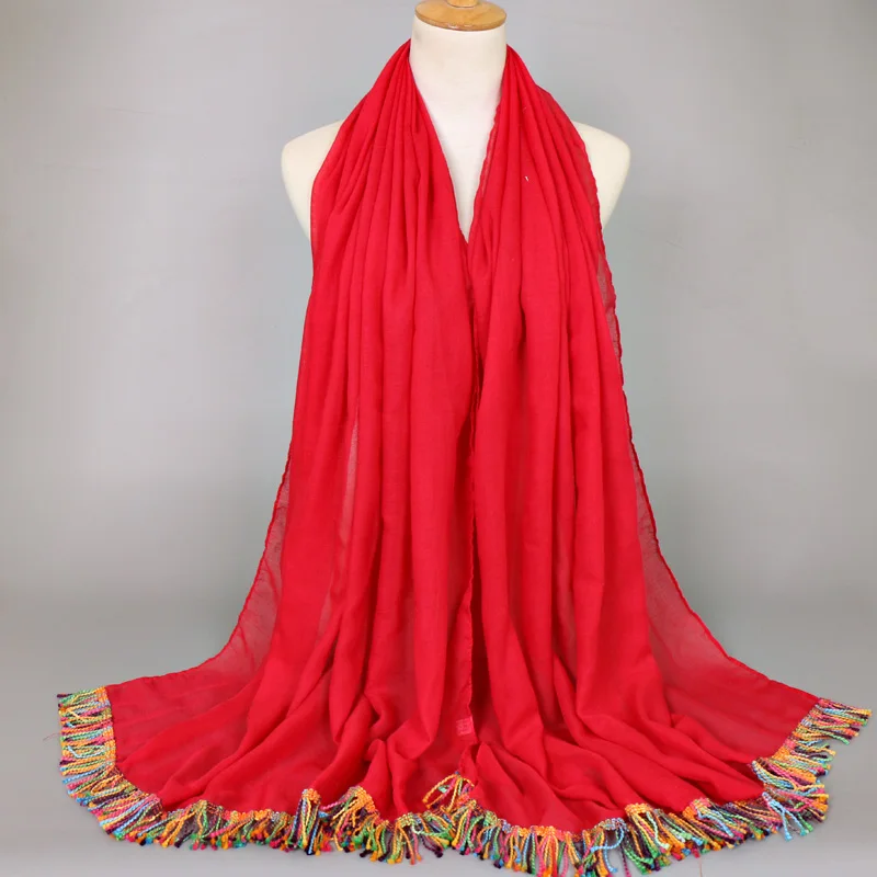 Классический женский однотонный шарф с кисточками хиджаб больших размеров хлопковый вуаль для дам Заводская распродажа Быстрая
