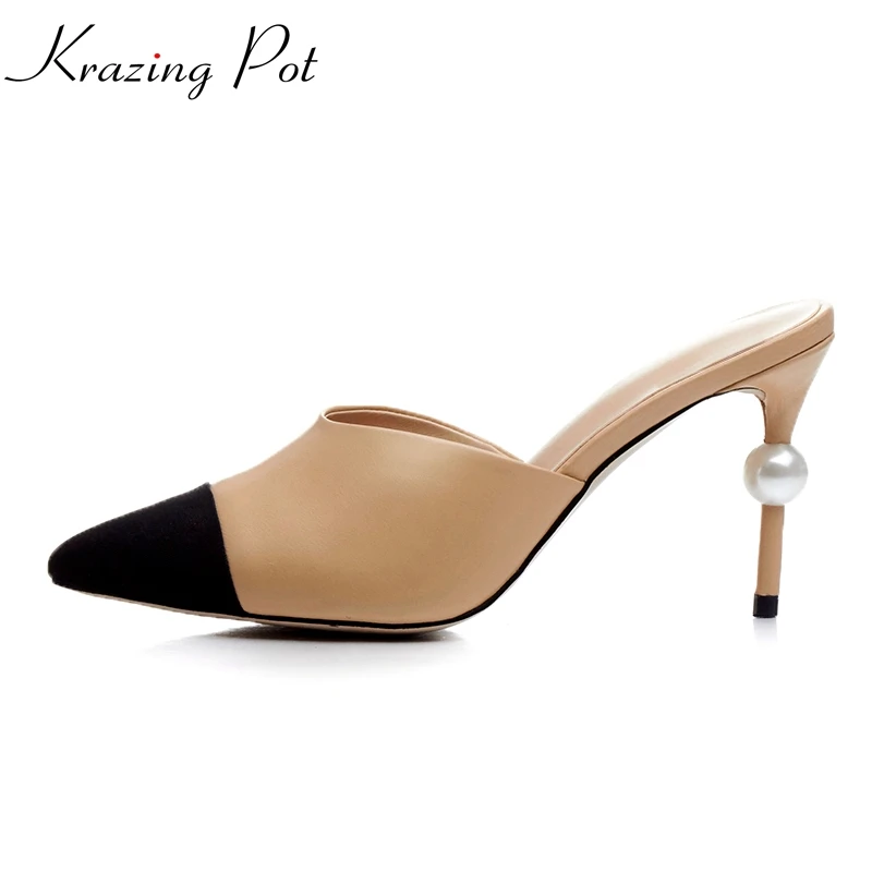 

2019 superstar pearl mules pointed toe high heels brand shoes slingback women sandals runway mixed colors fashion slippers L19