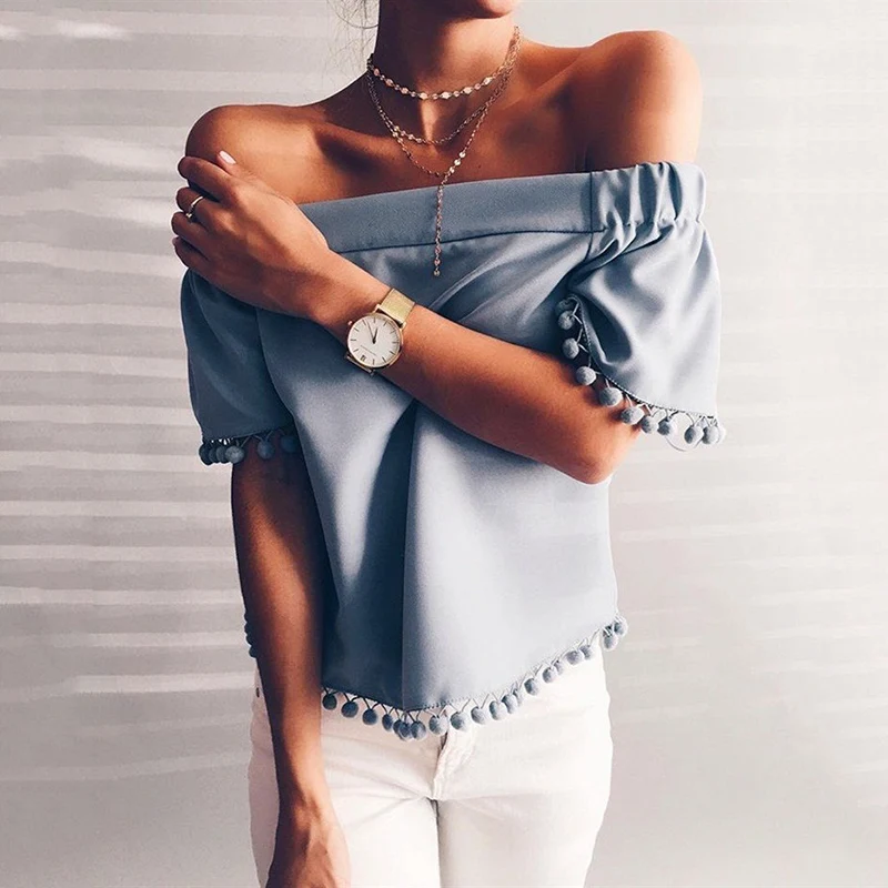 Women Shirt Fashion Slash Neck Short Sleeve Ladies Tops Casual Solid Summer Tees ADR193 |