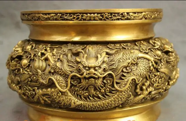

9" Chinese Palace Pure Bronze BiXie 9 Dragon Statue Incense Burner Censer Pot Jar 06.08