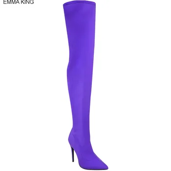 

EMMA KING2019 Fashion High Heels Woman Zipper Stretch Fabric over the Knee Evening Party Thigh High Thin Heels Pointed Toe Boots