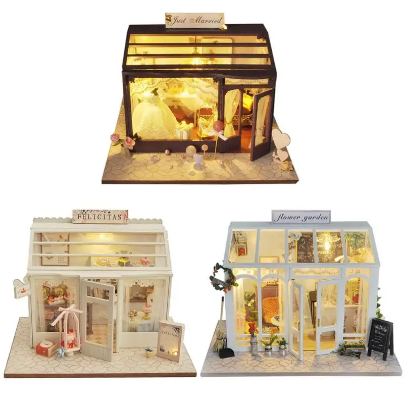 

Kids DIY Miniature Wooden Doll House Assembly Set Wedding /Cake /Flower Shop Model Building Kits Children Handmade Dollhouse Toy