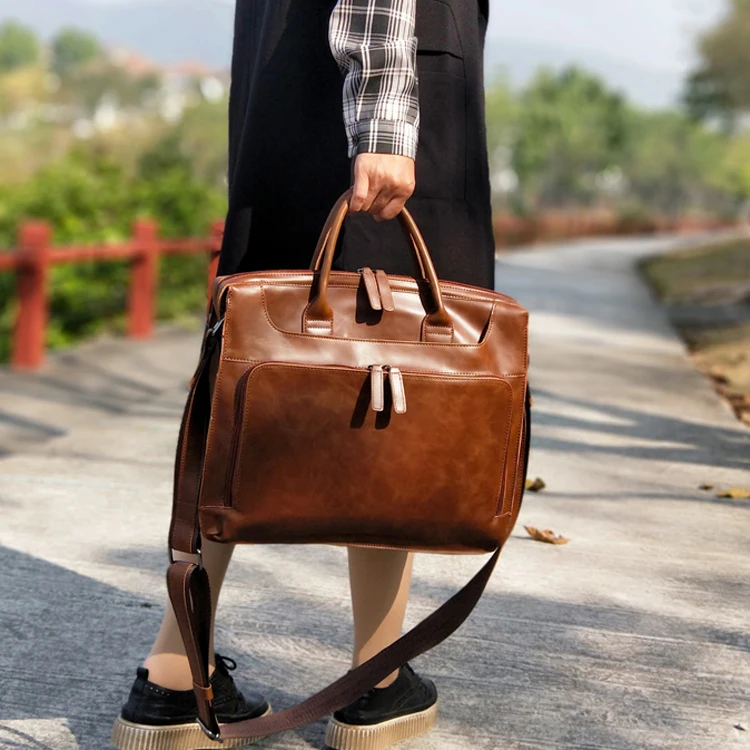 Ретро женские сумки Деловые женские 14 дюймов портфель для ноутбука сумка для компьютера Многослойные модные сумки через плечо - Цвет: brown