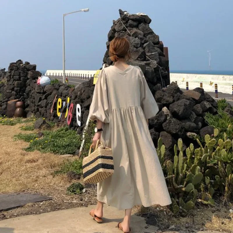 

[EWQ] 2019 summer new Korean style Vintage V-Neck Ruffles Lantern Sleeve large size linen casual trend women long dress QG94404