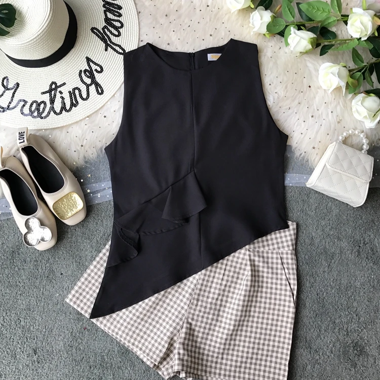 المرأة غير النظامية مطوي أكمام الصيف 2019 ارتداء الشيفون قميص سيدة بلون كشكش قمم F354